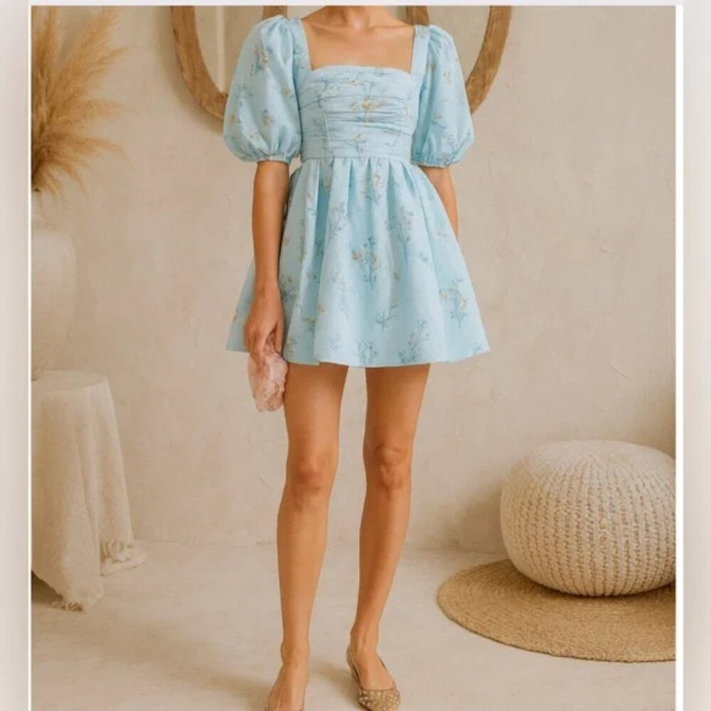 Self-Portrait Watercolor Taffeta Puff Sleeve Mini Dress Fit Flare Blue Floral 6